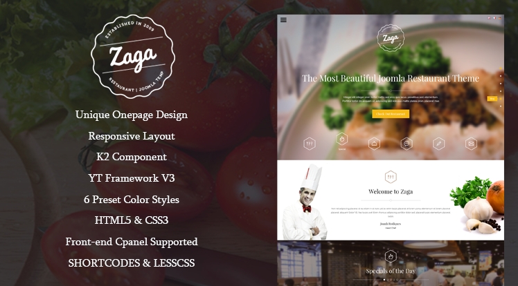 SJ Zaga酒店餐厅网站Joomla模板 v3.9.6 SJ Zaga餐厅酒店网站Joomla模板