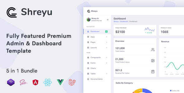 Shreyu管理面板和仪表板模板含Angular/React/Vue/Laravel版本V1.0.2 Shreyu管理面板和仪表板模板含Angular/React/Vue/Laravel版本V1.0.2